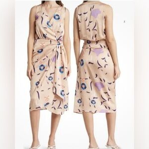 NWT Bonheur d'Amour Floral Wrap Dress Beige Tan Spring Sz L